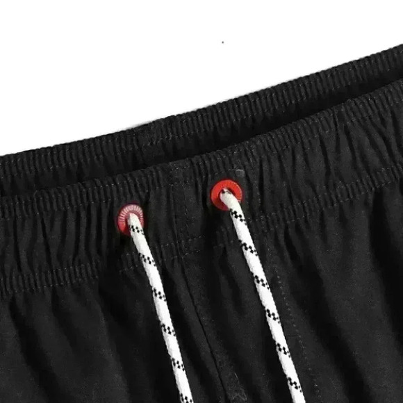 Black Vacation Style Men's Tropical Striped Print Swim Trunks - Picture 4 of 4